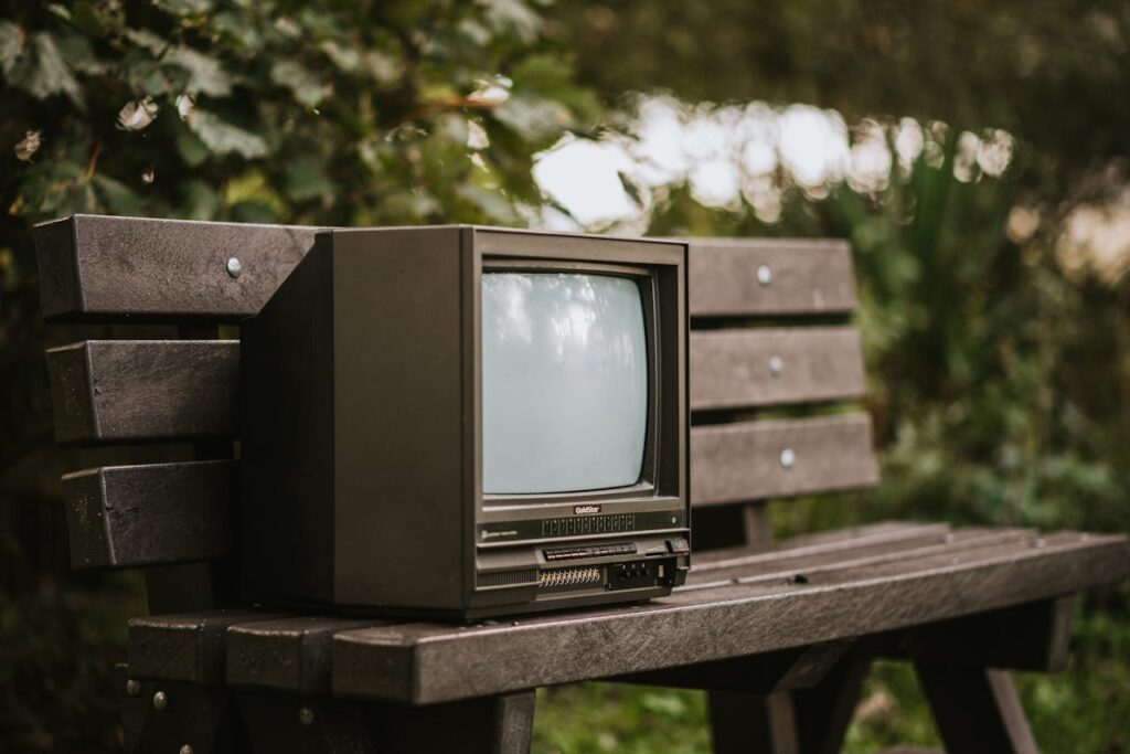 Small black old fashioned television placed on bench near bush with green foliage in street in countryside on blurred background